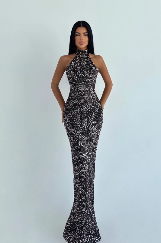 3492 Cekinowa Suknia Glamour High Neck Maxi Si