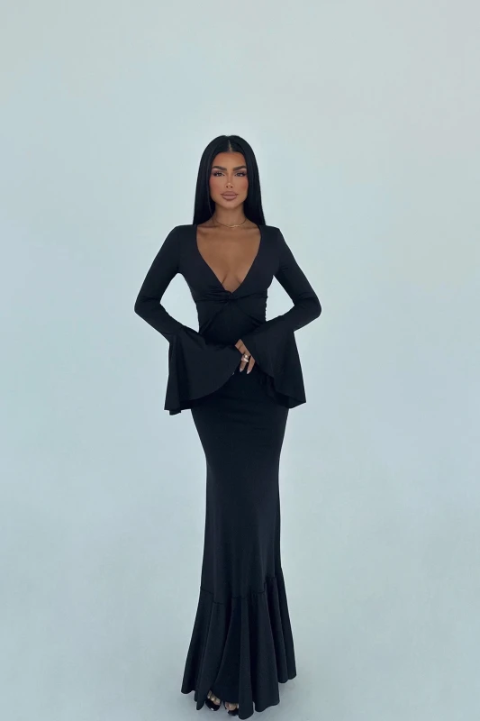 3098 BELLA FLARE – Sukienka Maxi Premium z Dekoltem V