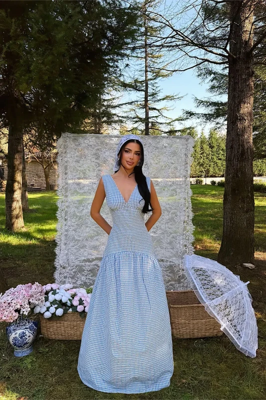 4932 BLUE GARDEN MUSE – Romantic Vichy Maxi Dress